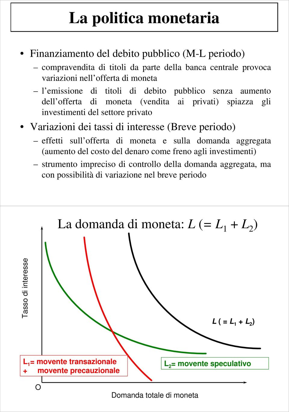 di moneta e sulla domanda aggregata (aumento del costo del denaro come freno agli investimenti) strumento impreciso di controllo della domanda aggregata, ma con possibilità di variazione nel