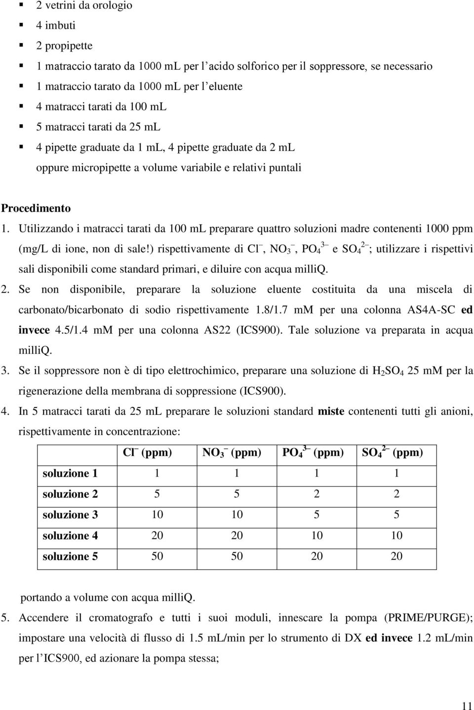 Utilizzando i matracci tarati da 100 ml preparare quattro soluzioni madre contenenti 1000 ppm (mg/l di ione, non di sale!