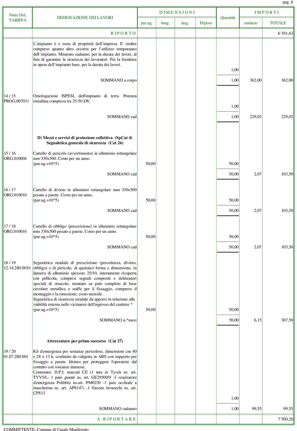 1,00 SOMMANO a corpo 1,00 362,00 362,00 14 / 15 Omologazione ISPESL dell'impianto di terra. Potenza PROG.007011 installata compresa tra 25-50 kw.