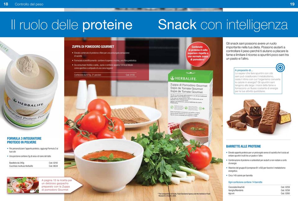 Confezione da 672g, 21 porzioni Cod. 0155 Contenuto di proteine 8 volte superiore rispetto a una normale zuppa di pomodoro!* Gli snack sani possono avere un ruolo importante nella tua dieta.