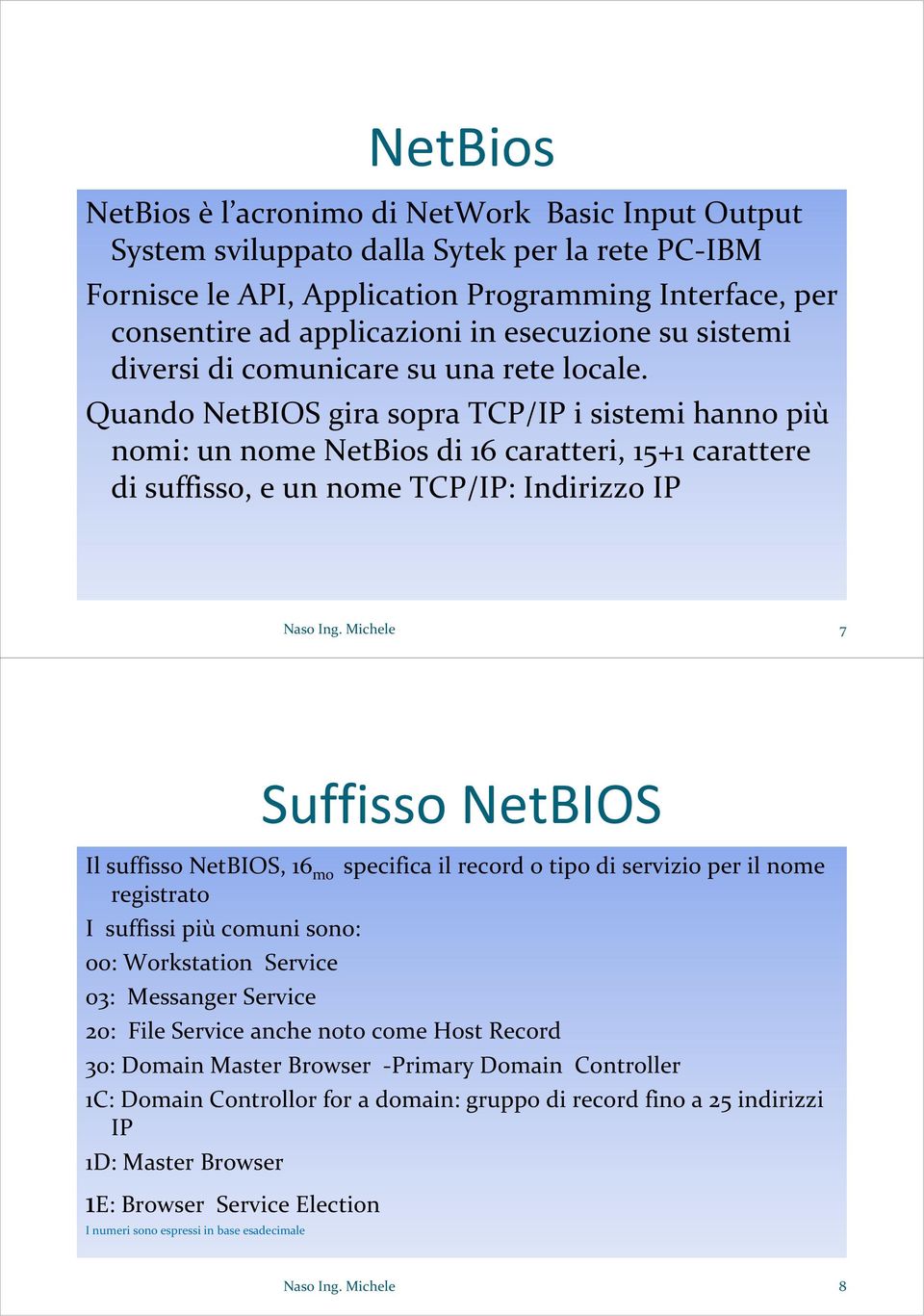 Quando NetBIOS gira sopra TCP/IP i sistemi hanno più nomi: un nome NetBios di 16 caratteri, 15+1 carattere di suffisso, e un nome TCP/IP: Indirizzo IP Naso Ing.