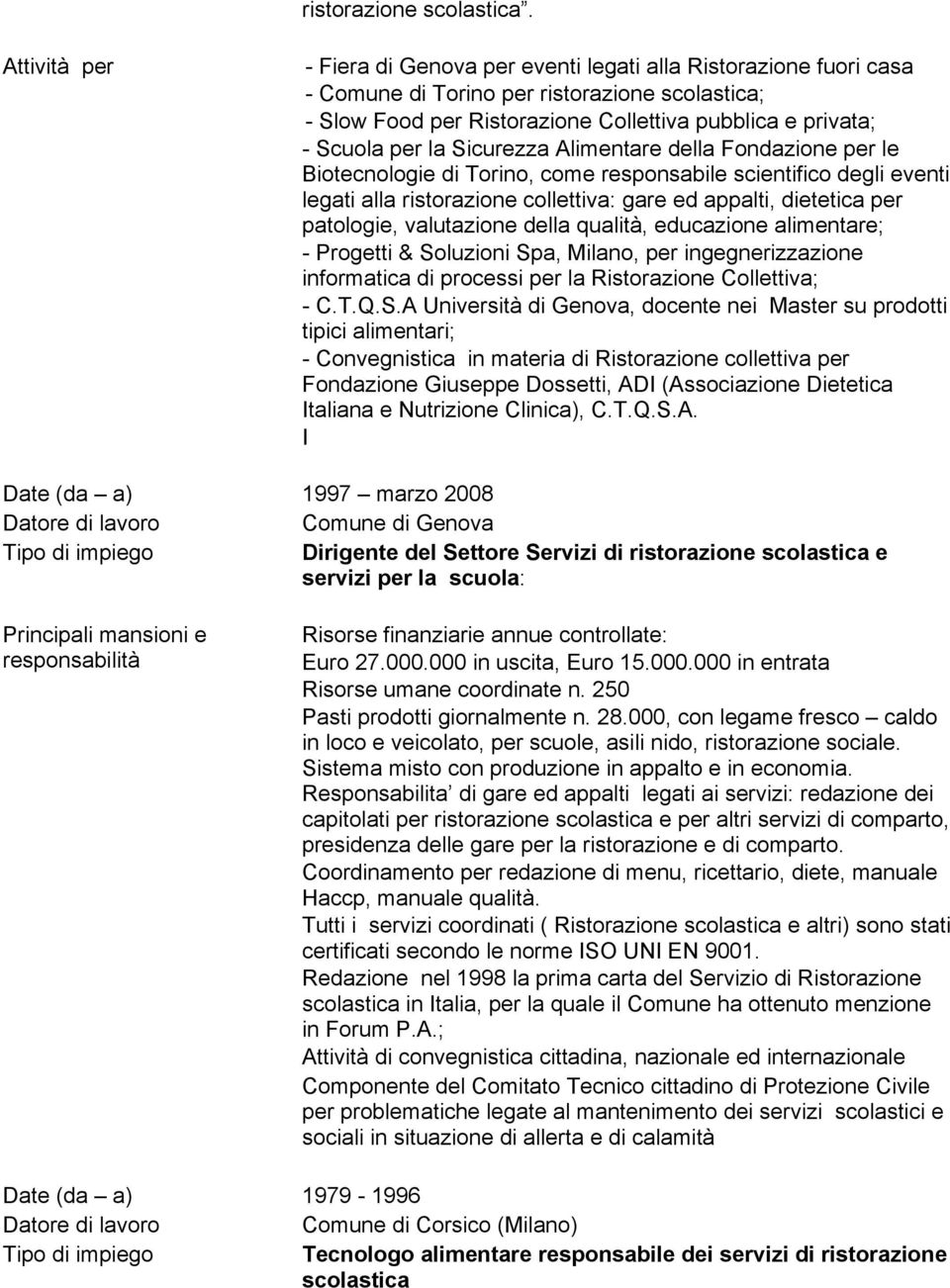 la Sicurezza Alimentare della Fondazione per le Biotecnologie di Torino, come responsabile scientifico degli eventi legati alla ristorazione collettiva: gare ed appalti, dietetica per patologie,