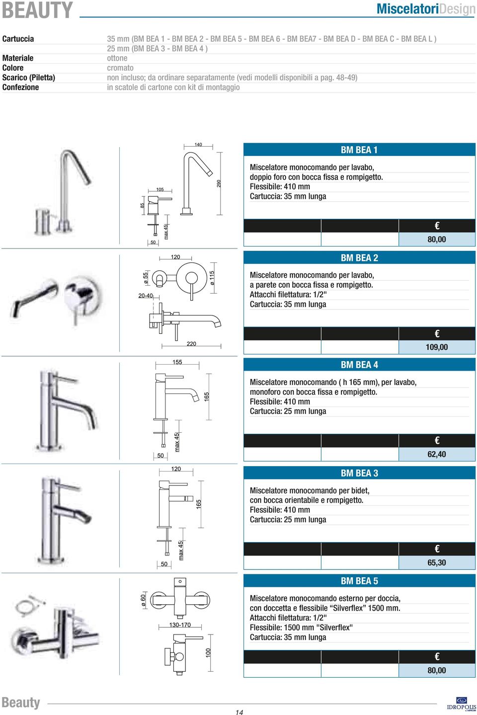 48-49) Confezione in scatole di cartone con kit di montaggio BM BEA 1 Miscelatore monocomando per lavabo, doppio foro con bocca fissa e rompigetto.