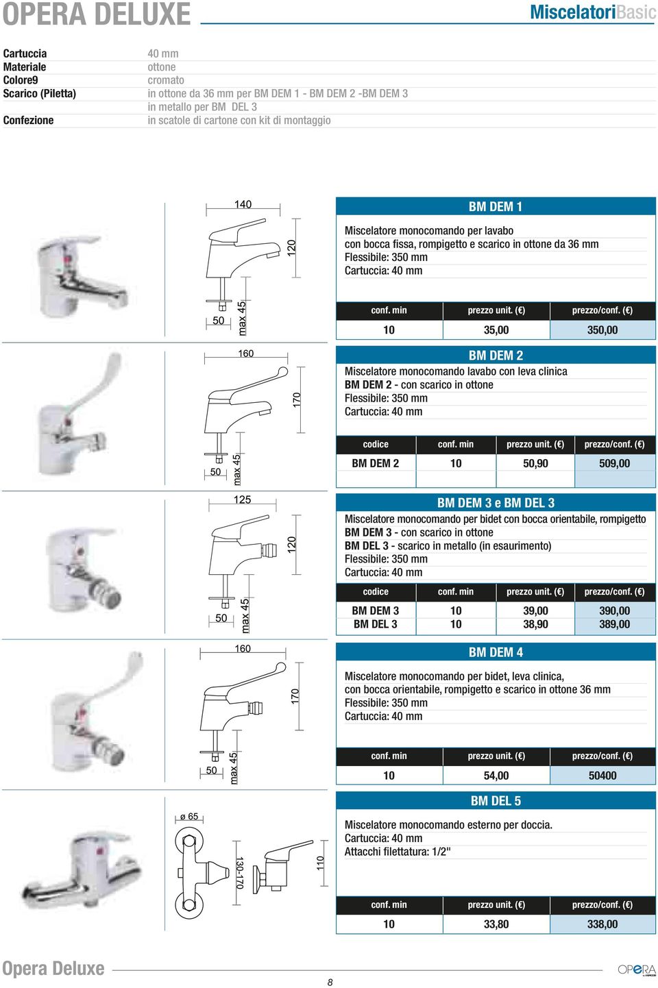 () prezzo/conf. () 10 35,00 350,00 BM DEM 2 Miscelatore monocomando lavabo con leva clinica BM DEM 2 - con scarico in ottone Flessibile: 350 mm Cartuccia: 40 mm codice conf. min prezzo unit.