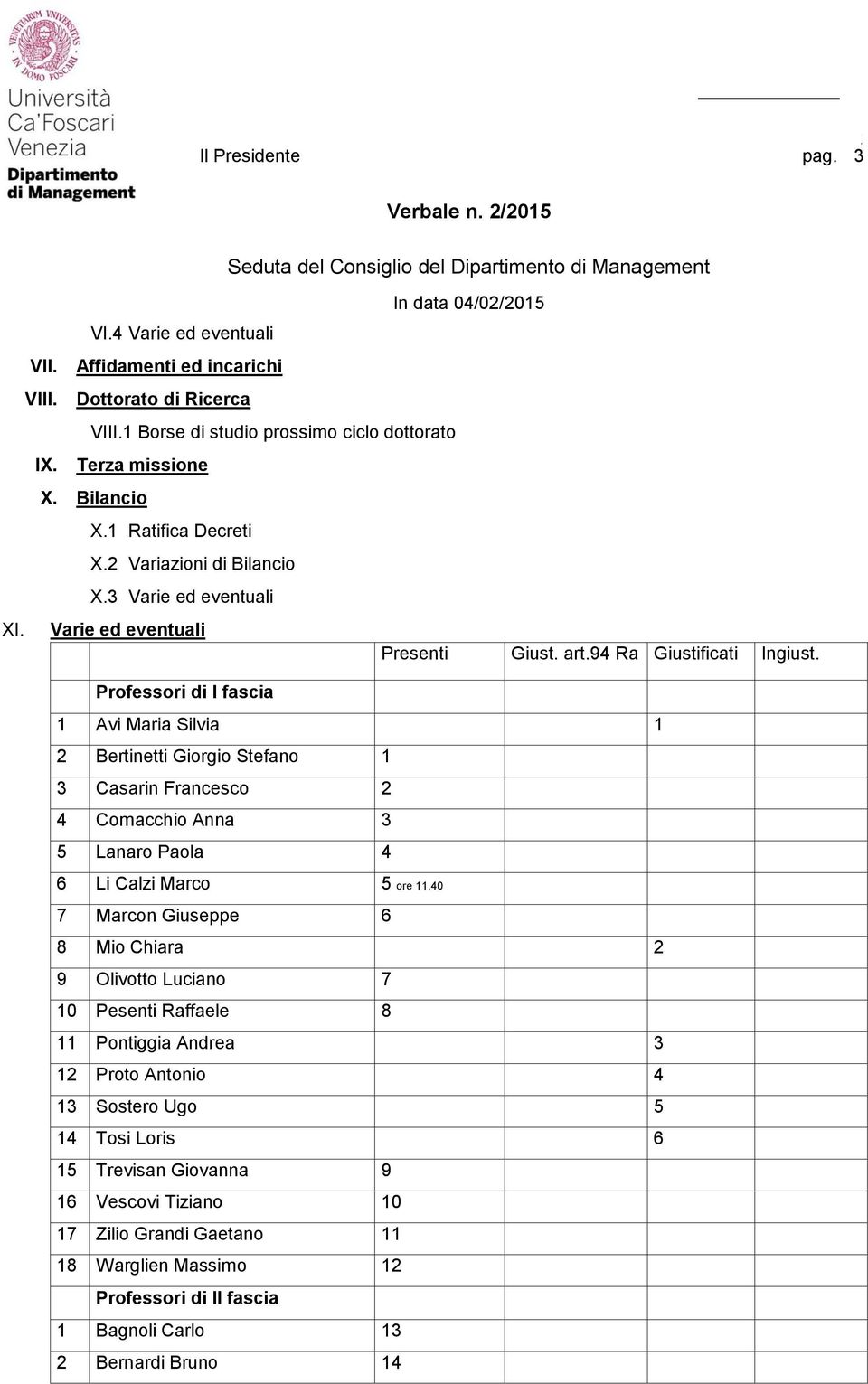 Professori di I fascia Avi Maria Silvia 2 Bertinetti Giorgio Stefano 3 Casarin Francesco 2 4 Comacchio Anna 3 5 Lanaro Paola 4 6 Li Calzi Marco 5 ore.