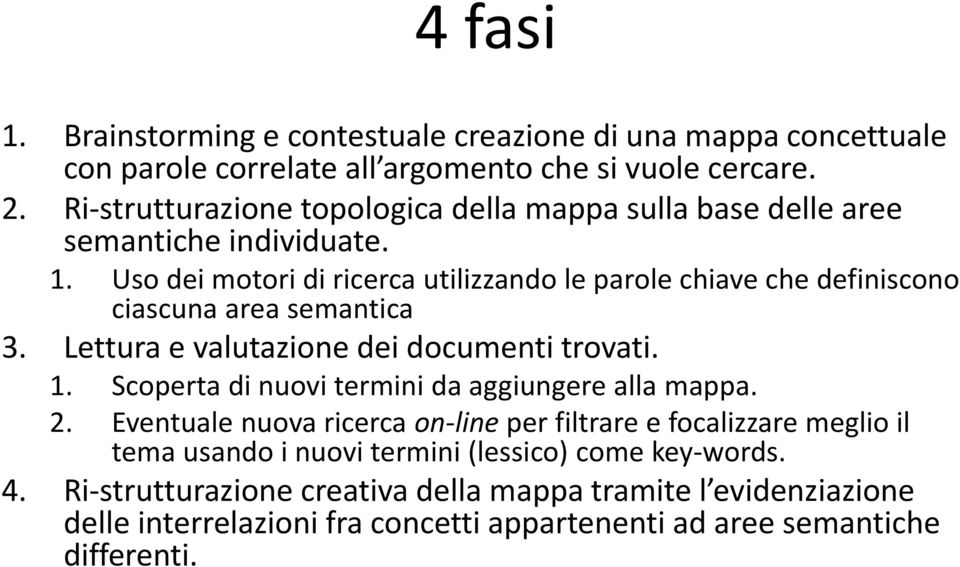 Uso dei motori di ricerca utilizzando le parole chiave che definiscono ciascuna area semantica 3. Lettura e valutazione dei documenti trovati. 1.