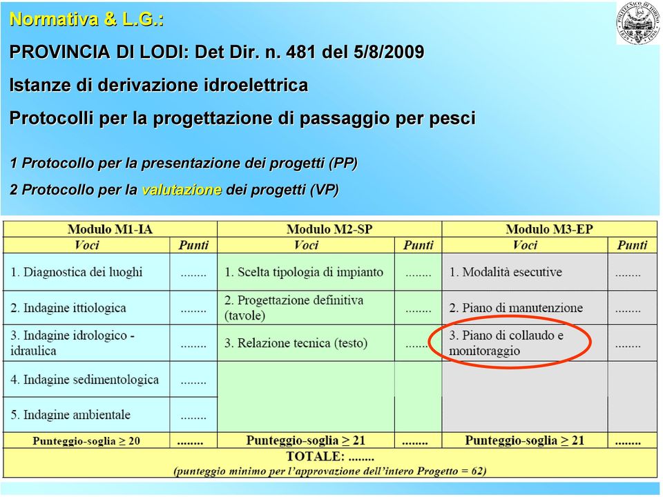 per la progettazione di passaggio per pesci 1 Protocollo per la