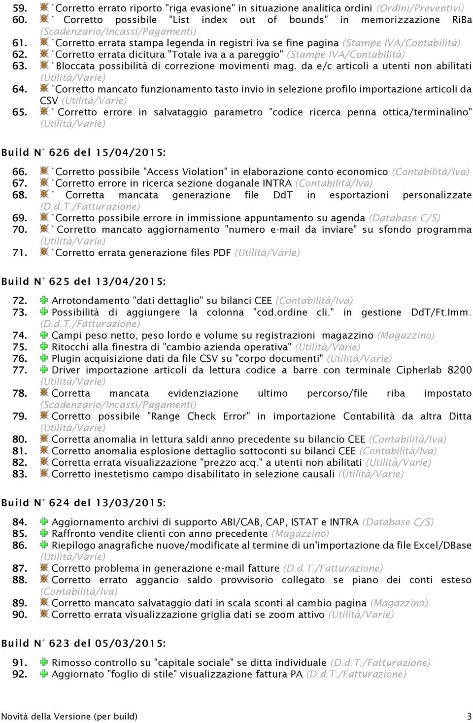 Corretto errata dicitura "Totale iva a a pareggio" (Stampe IVA/Contabilità) 63. Bloccata possibilità di correzione movimenti mag. da e/c articoli a utenti non abilitati (Utilità/Varie) 64.