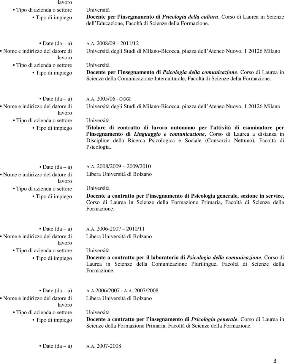 Interculturale, Facoltà di Scienze della Formazione. Date (da a) A.