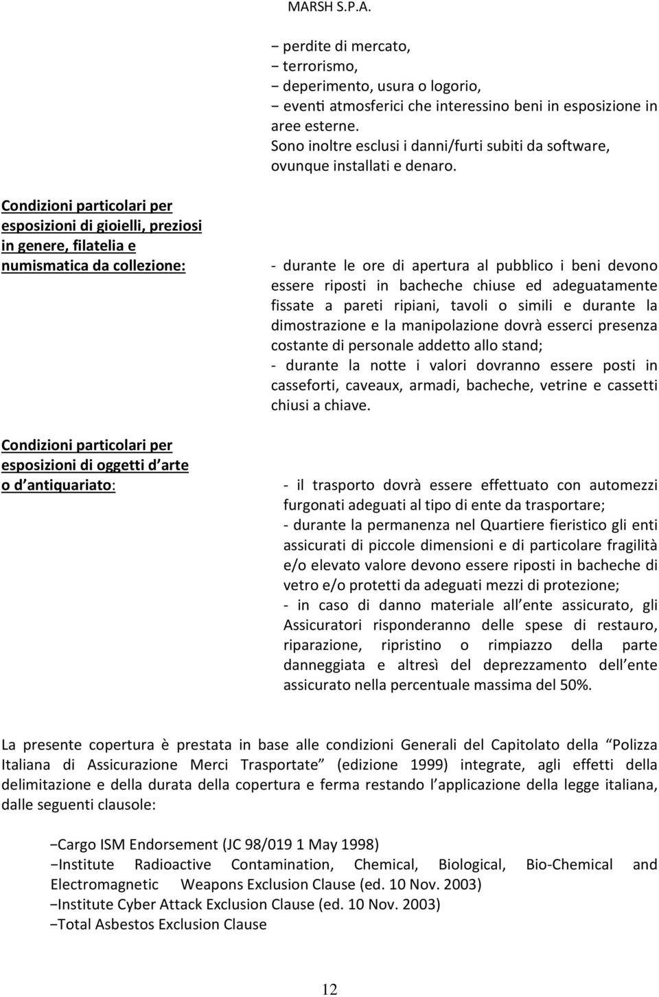 Condizioni particolari per esposizioni di gioielli, preziosi in genere, filatelia e numismatica da collezione: Condizioni particolari per esposizioni di oggetti d arte o d antiquariato: - durante le