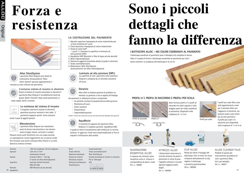 brevettato dotato di guida in alluminio 7 Strato controbilanciante 8 Materassino: Alloc SilentSystem (eventualmente con Alloc HeatingSystem) I BATTISCOPA ALLOC - NEI COLORI COORDINATI AL PAVIMENTO I