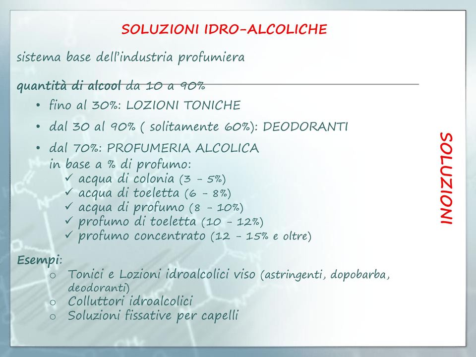 toeletta (6-8%) acqua di profumo (8-10%) profumo di toeletta (10-12%) profumo concentrato (12-15% e oltre) SOLUZIONI Esempi: o o