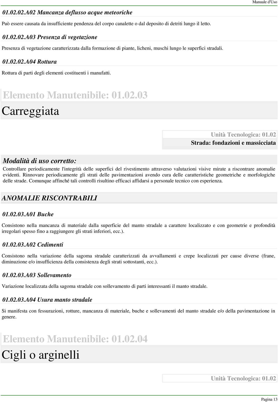 02 Strada: fondazioni e massicciata Controllare periodicamente l'integrità delle superfici del rivestimento attraverso valutazioni visive mirate a riscontrare anomalie evidenti.