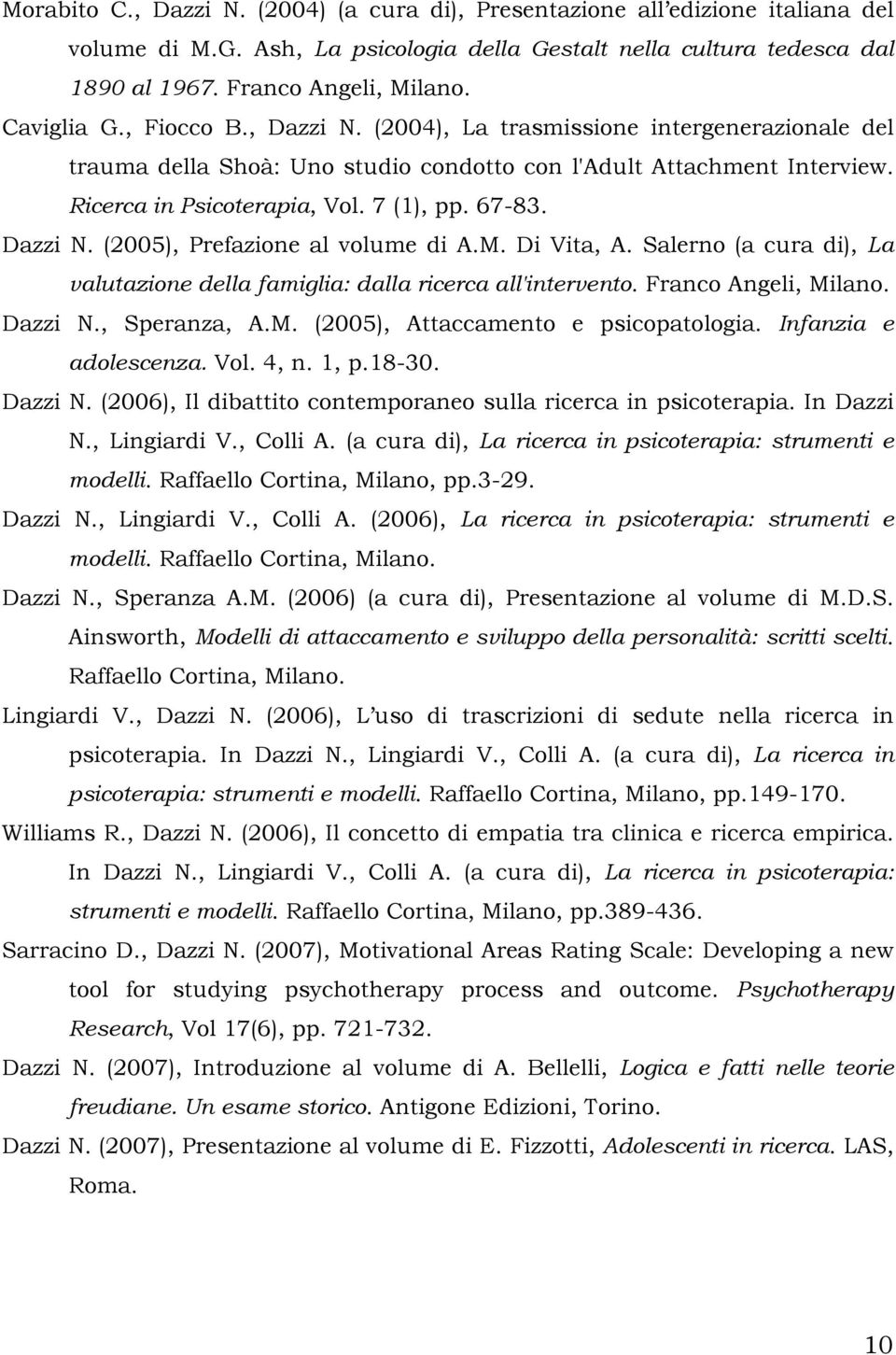 Dazzi N. (2005), Prefazione al volume di A.M. Di Vita, A. Salerno (a cura di), La valutazione della famiglia: dalla ricerca all'intervento. Franco Angeli, Milano. Dazzi N., Speranza, A.M. (2005), Attaccamento e psicopatologia.