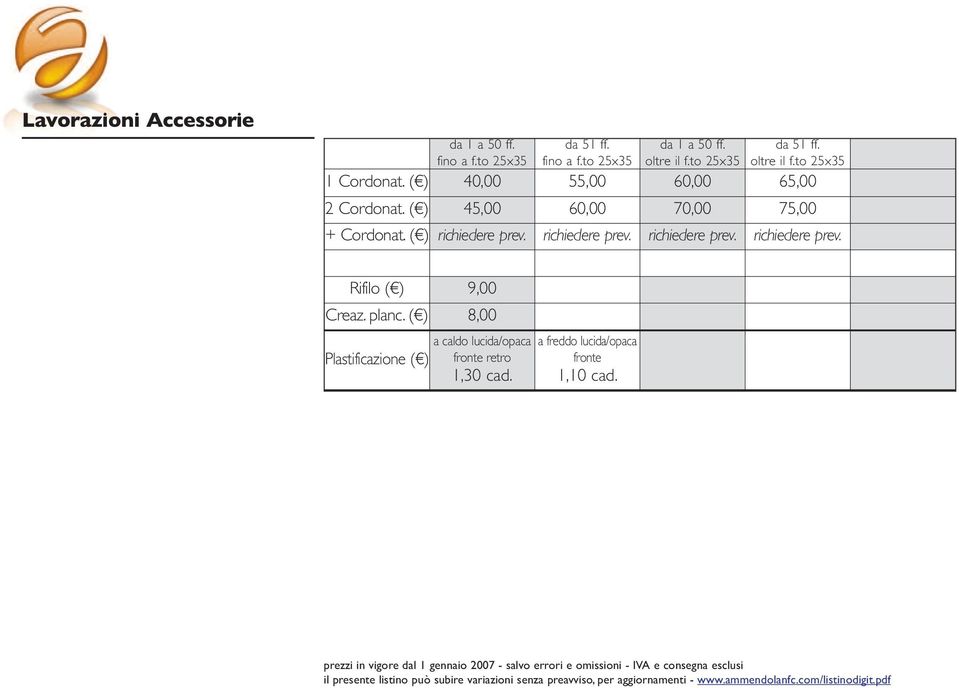 planc. ( ) 8,00 a caldo lucida/opaca Plastificazione ( ) fronte retro 1,30 cad. a freddo lucida/opaca fronte 1,10 cad.