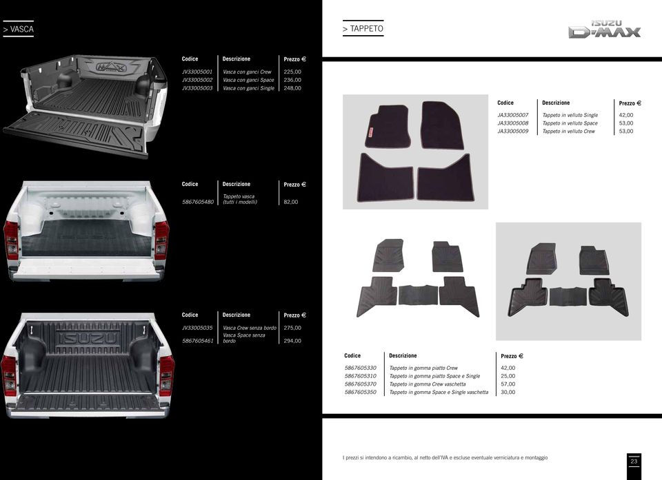 modelli) 82,00 JV33005035 Vasca Crew senza bordo 275,00 Vasca Space senza 5867605461 bordo 294,00 5867605330 Tappeto in gomma piatto Crew 42,00