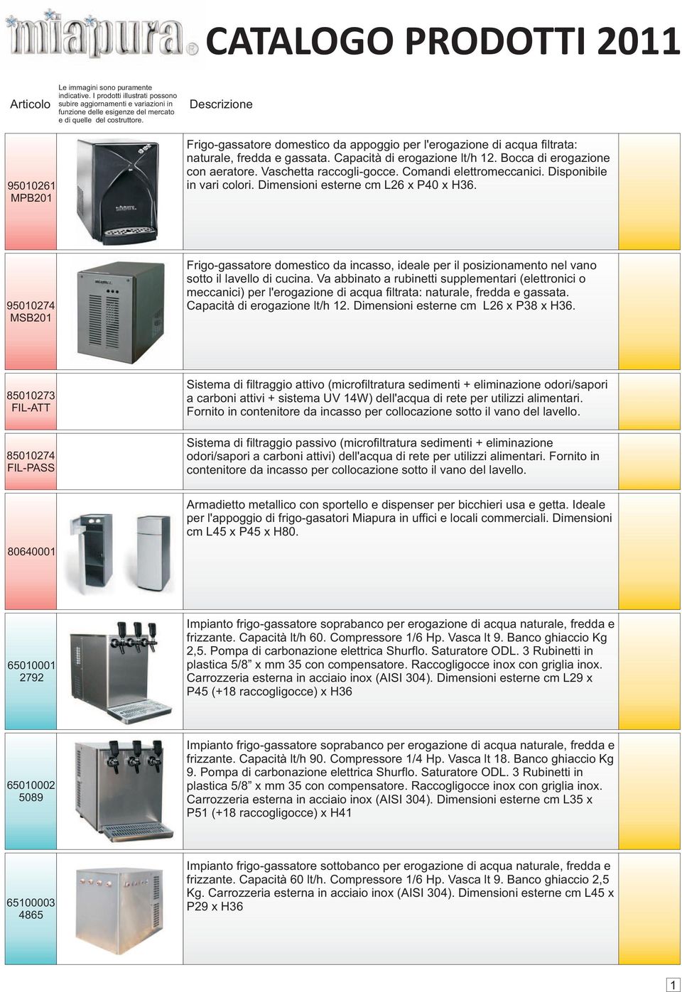 Descrizione Frigo-gassatore domestico da appoggio per l'erogazione di acqua filtrata: naturale, fredda e gassata. Capacità di erogazione lt/h 12. Bocca di erogazione con aeratore.