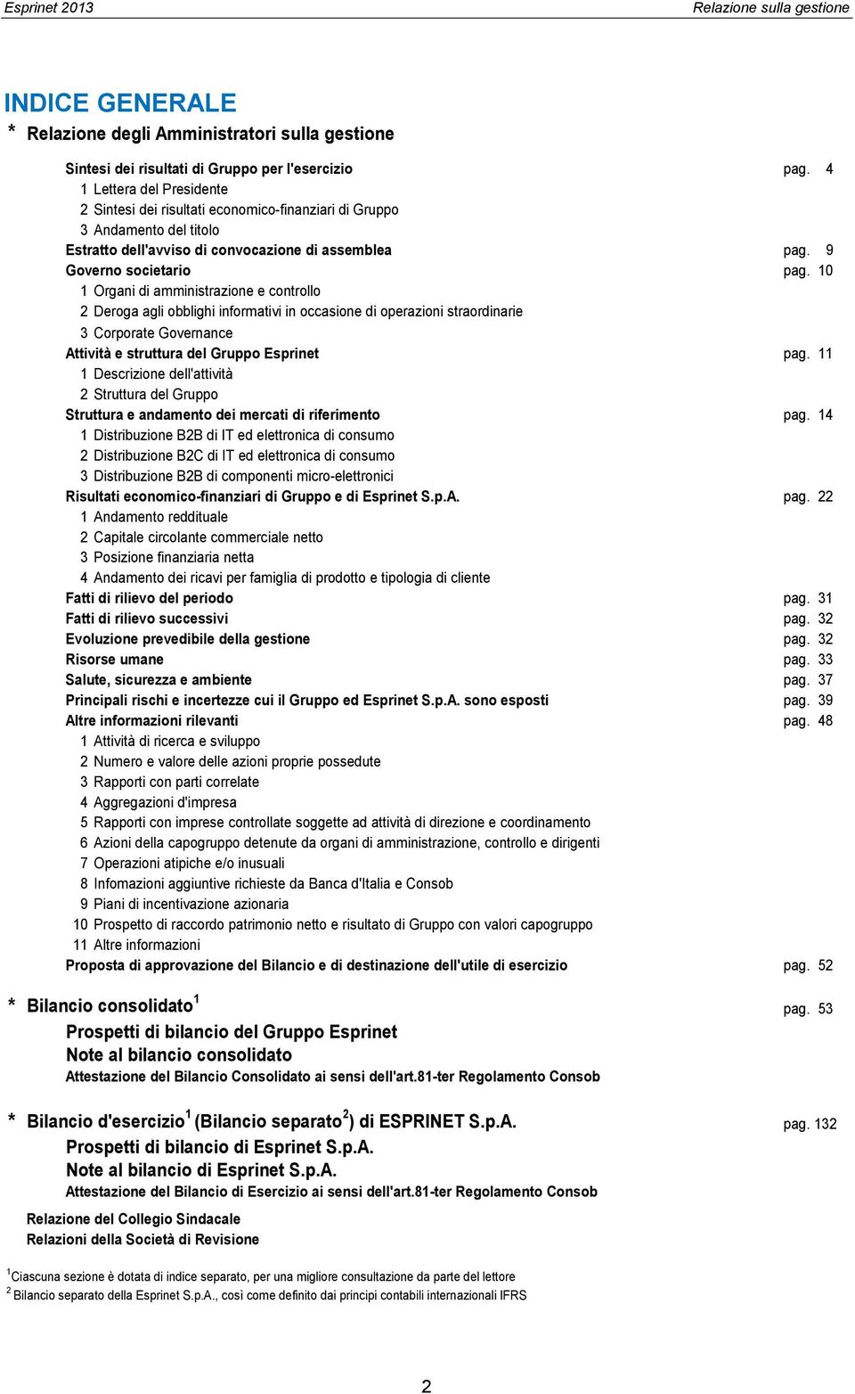 10 1 Organi di amministrazione e controllo 2 Deroga agli obblighi informativi in occasione di operazioni straordinarie 3 Corporate Governance Attività e struttura del Gruppo Esprinet pag.