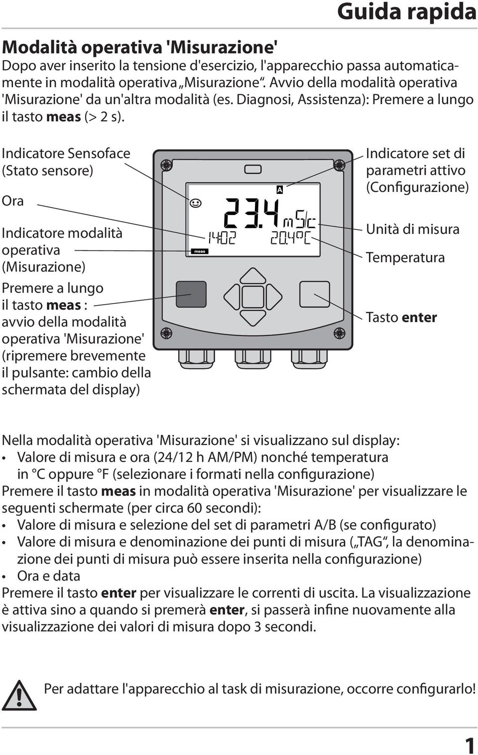 Indicatore Sensoface (Stato sensore) Ora Indicatore modalità operativa (Misurazione) Premere a lungo il tasto meas : avvio della modalità operativa 'Misurazione' (ripremere brevemente il pulsante: