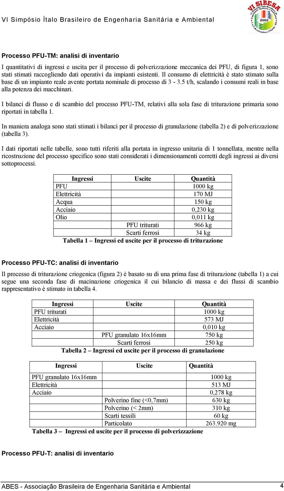 5 t/h, scalando i consumi reali in base alla potenza dei macchinari. I bilanci di flusso e di scambio del processo PFU-TM, relativi alla sola fase di triturazione primaria sono riportati in tabella 1.