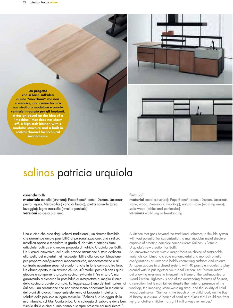 salinas patricia urquiola azienda Boffi materiale metallo (struttura); PaperStone (ante); Dekton, Lasermat, pietra, legno, Nerosicilia (piano di lavoro); pietra naturale (area lavaggio); legno