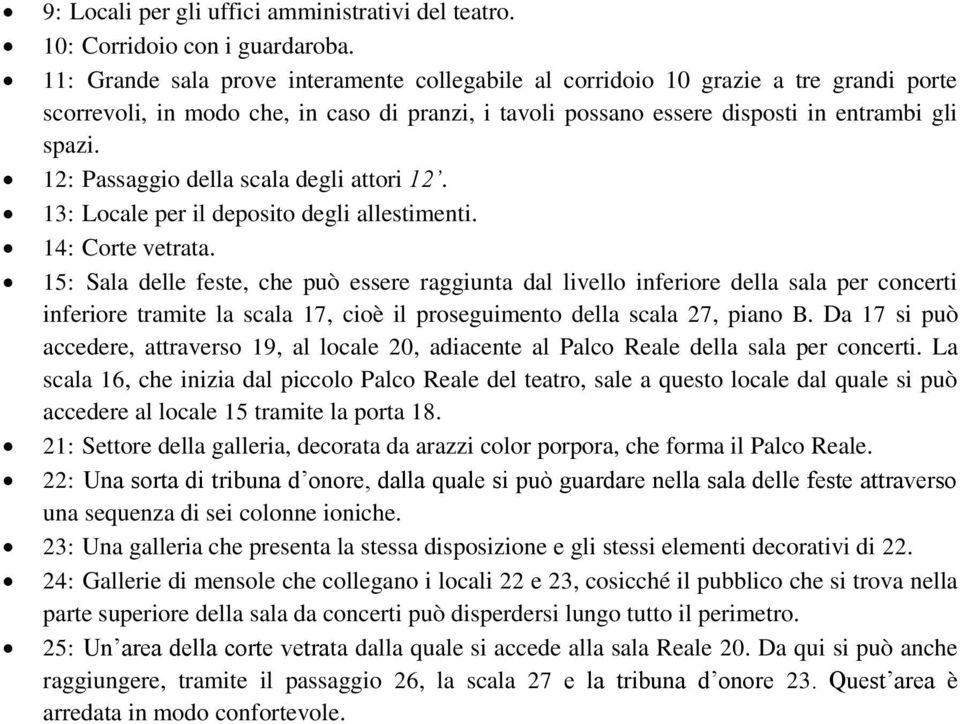 12: Passaggio della scala degli attori 12. 13: Locale per il deposito degli allestimenti. 14: Corte vetrata.