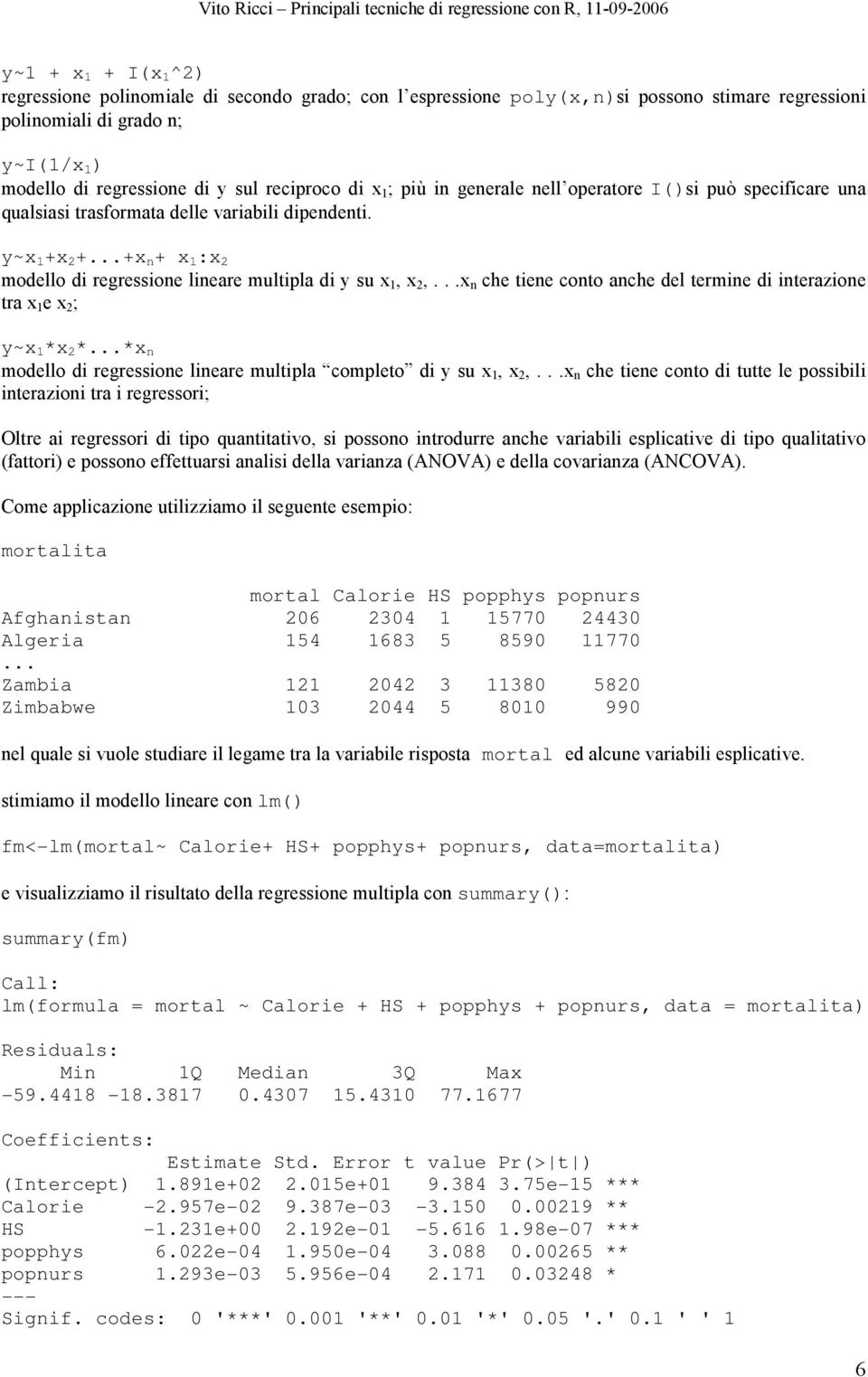 ..x n che tene conto anche del termne d nterazone tra x 1 e x 2 ; y~x 1 *x 2 *...*x n modello d regressone lneare multpla completo d y su x 1, x 2,.