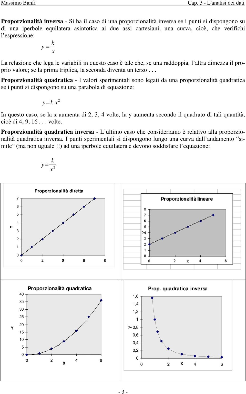 .. Proporzionalità quadratica - I valori sperimentali sono legati da una proporzionalità quadratica se i punti si dispongono su una parabola di equazione: 2 y = k x In questo caso, se la x aumenta di