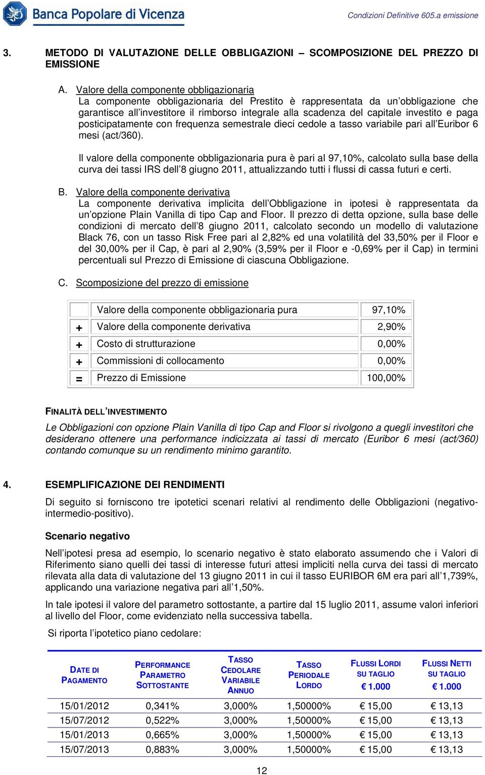 investito e paga posticipatamente con frequenza semestrale dieci cedole a tasso variabile pari all Euribor 6 mesi (act/360).