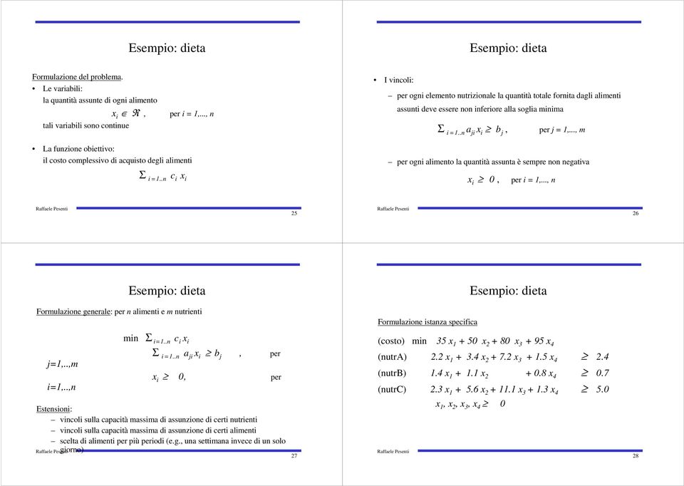 inferiore alla soglia minima Σ i =1..n a ji x i b j, per j = 1,..., m La funzione obiettivo: il costo complessivo di acquisto degli alimenti Σ i =1.