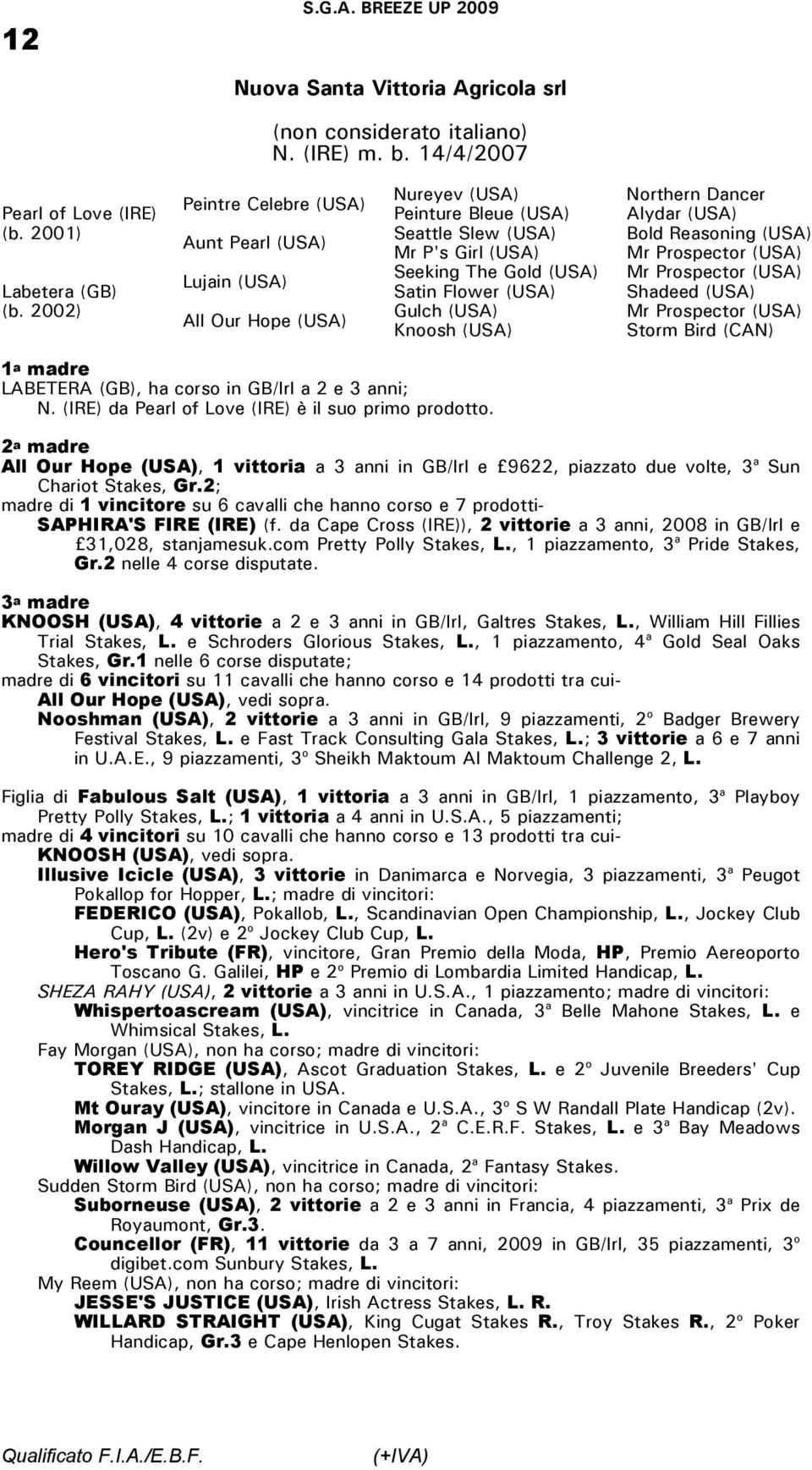 (USA) Knoosh (USA) Alydar (USA) Bold Reasoning (USA) Mr Prospector (USA) Mr Prospector (USA) Shadeed (USA) Mr Prospector (USA) Storm Bird (CAN) LABETERA (GB), ha corso in GB/Irl a 2 e 3 anni; N.