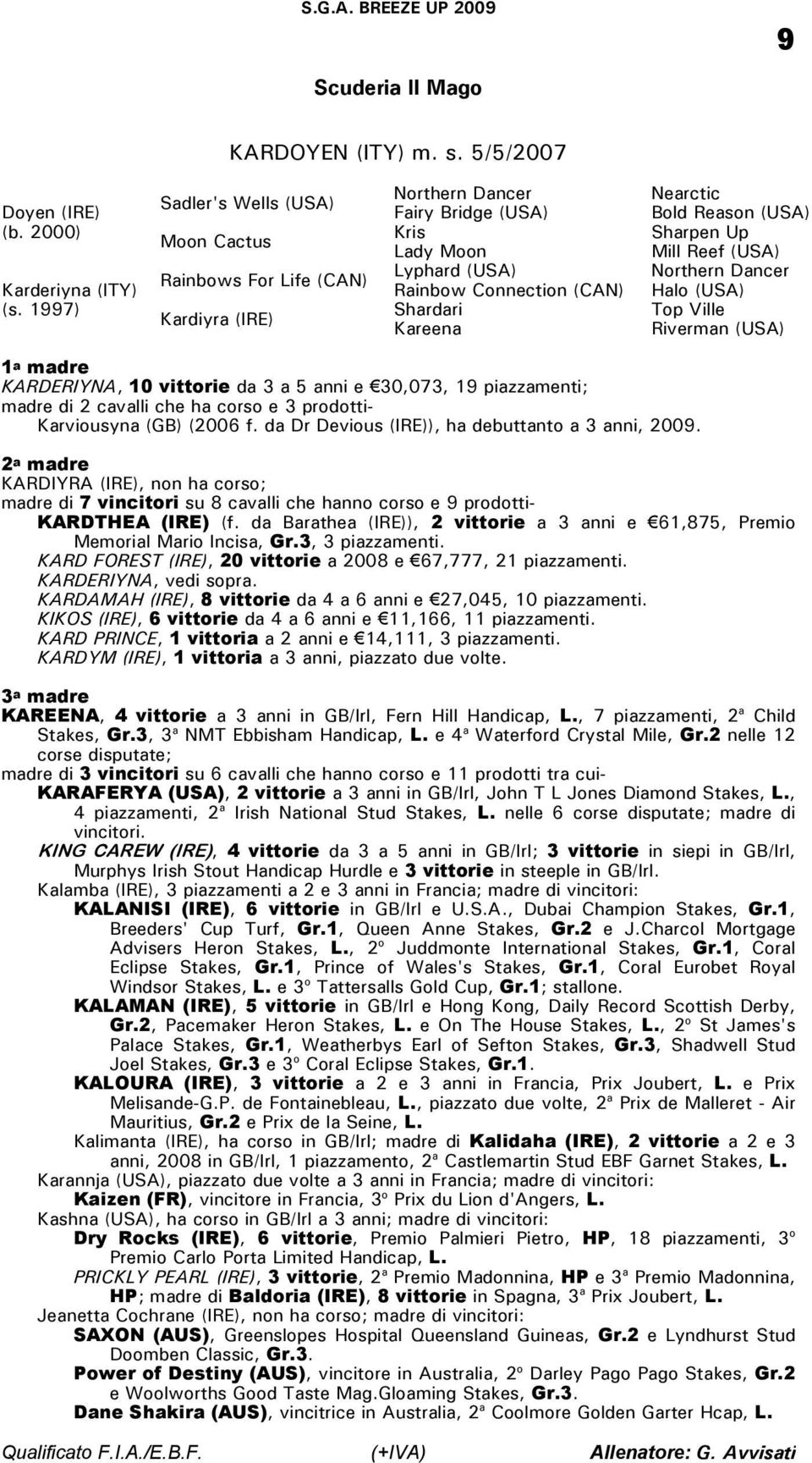 Sharpen Up Mill Reef (USA) Halo (USA) Top Ville Riverman (USA) KARDERIYNA, 10 vittorie da 3 a 5 anni e 30,073, 19 piazzamenti; madre di 2 cavalli che ha corso e 3 prodotti- Karviousyna (GB) (2006 f.