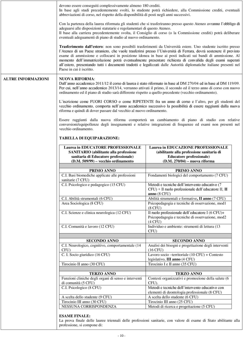 Con la partenza della laurea riformata gli studenti che si trasferiranno presso questo Ateneo avranno l obbligo di adeguarsi alle disposizioni statutarie e regolamentari di questo Ateneo.