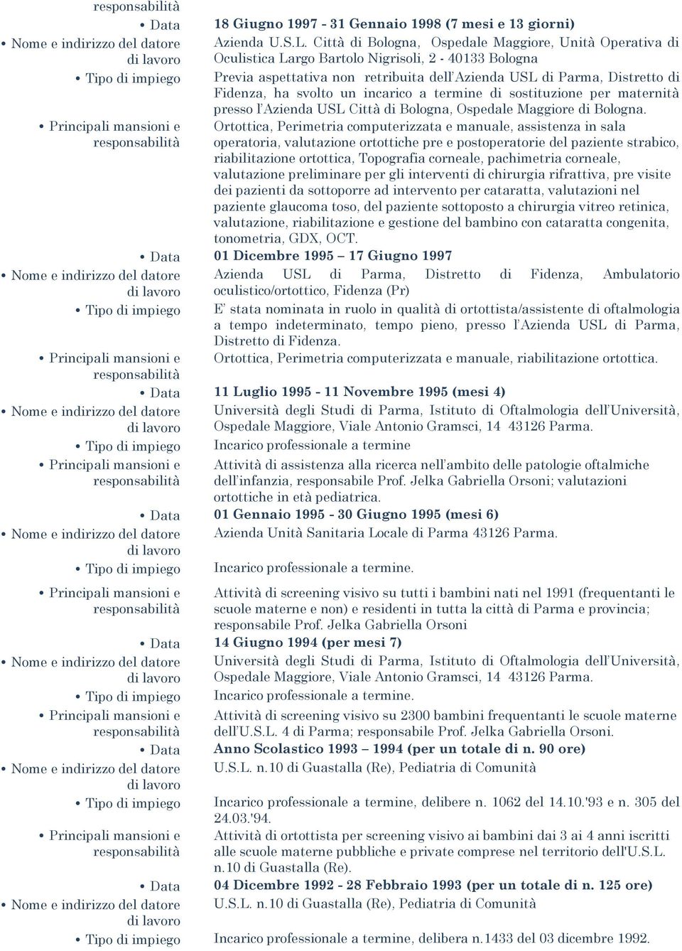 svolto un incarico a termine di sostituzione per maternità presso l Azienda USL Città di Bologna, Ospedale Maggiore di Bologna.