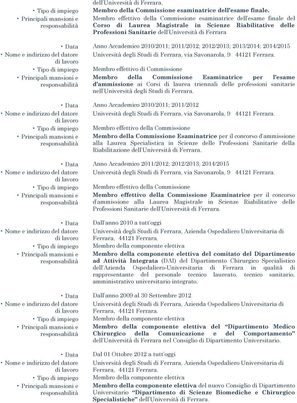 2010/2011; 2011/2012; 2012/2013; 2013/2014; 2014/2015 Università degli Studi di Ferrara, via Savonarola, 9 44121 Ferrara.