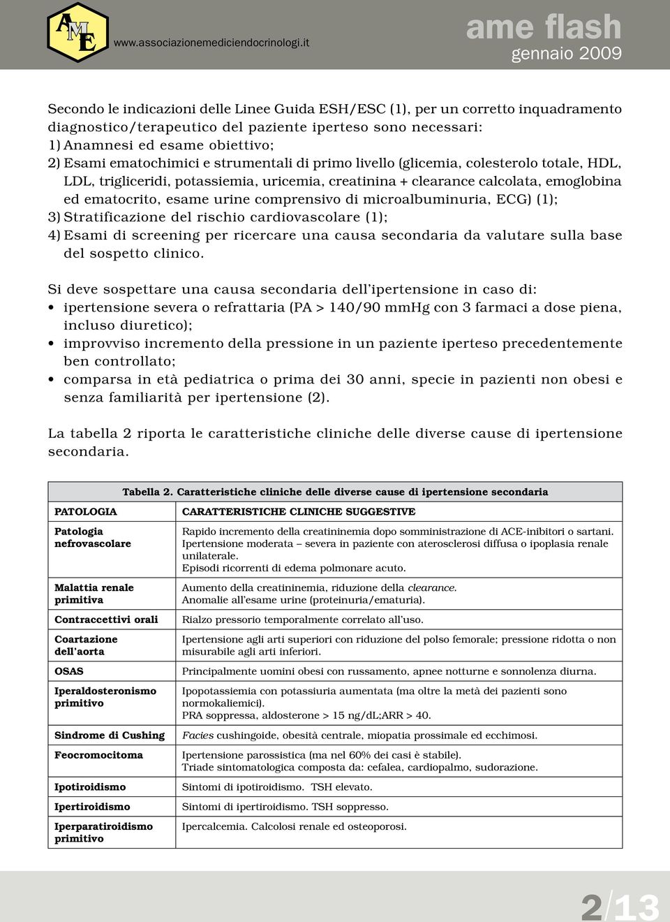 microalbuminuria, ECG) (1); 3) Stratificazione del rischio cardiovascolare (1); 4) Esami di screening per ricercare una causa secondaria da valutare sulla base del sospetto clinico.