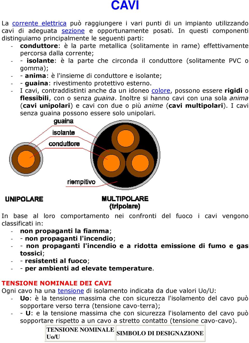 circonda il conduttore (solitamente PVC o gomma); - - anima: è l'insieme di conduttore e isolante; - - guaina: rivestimento protettivo esterno.