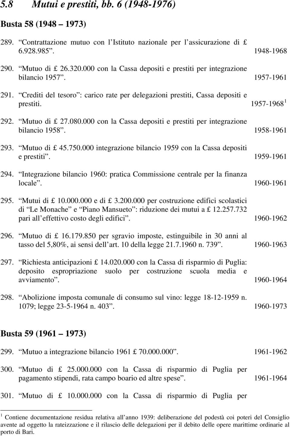 080.000 con la Cassa depositi e prestiti per integrazione bilancio 1958. 1958-1961 293. Mutuo di 45.750.000 integrazione bilancio 1959 con la Cassa depositi e prestiti. 1959-1961 294.