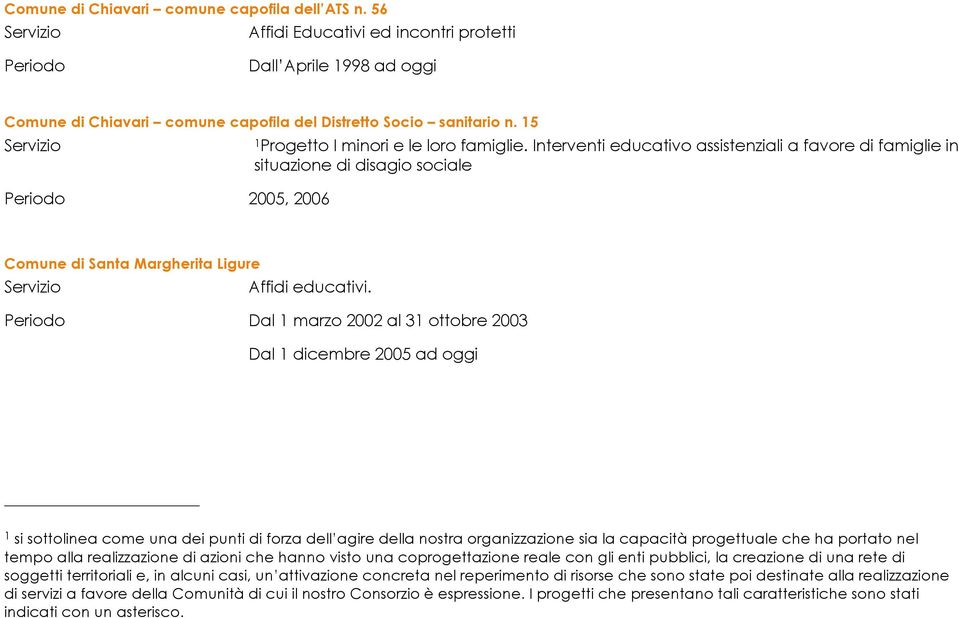 Dal 1 marzo 2002 al 31 ottobre 2003 Dal 1 dicembre 2005 ad oggi 1 si sottolinea come una dei punti di forza dell agire della nostra organizzazione sia la capacità progettuale che ha portato nel tempo