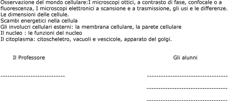 Scambi energetici nella cellula Gli involucri cellulari esterni: la membrana cellulare, la parete cellulare Il nucleo : le funzioni del nucleo Il