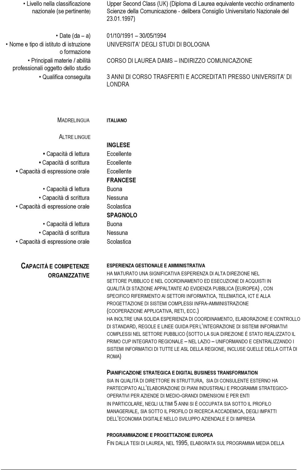 1997) Date (da a) 01/10/1991 30/05/1994 Nome e tipo di istituto di istruzione UNIVERSITA DEGLI STUDI DI BOLOGNA o formazione Principali materie / abilità CORSO DI LAUREA DAMS INDIRIZZO COMUNICAZIONE