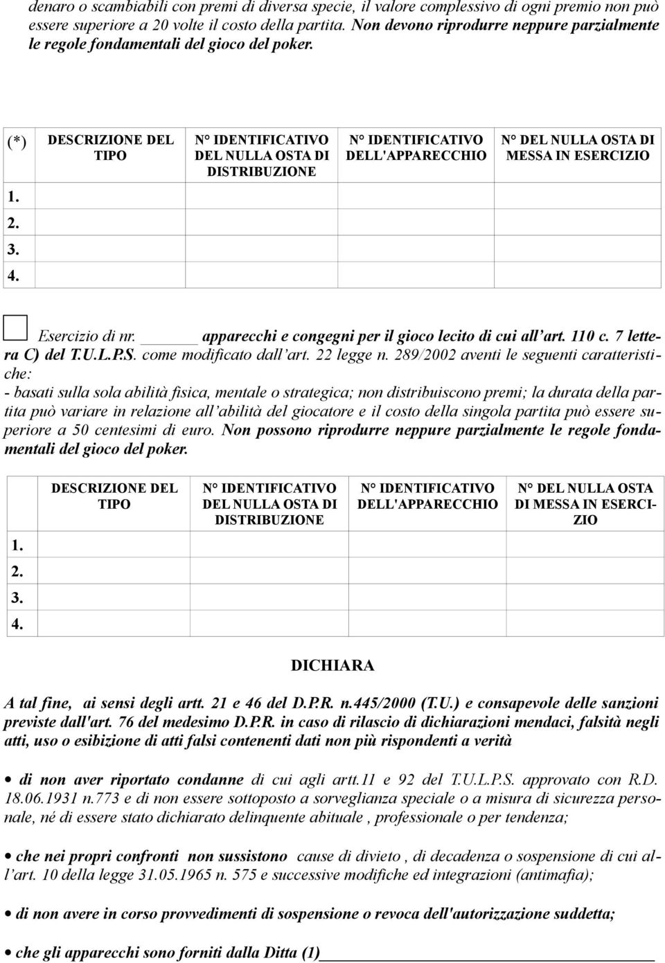 (*) DESCRIZIONE DEL TIPO DEL NULLA OSTA DI DISTRIBUZIONE DELL'APPARECCHIO N DEL NULLA OSTA DI MESSA IN ESERCIZIO 1. 2. 3. 4. Esercizio di nr. apparecchi e congegni per il gioco lecito di cui all art.