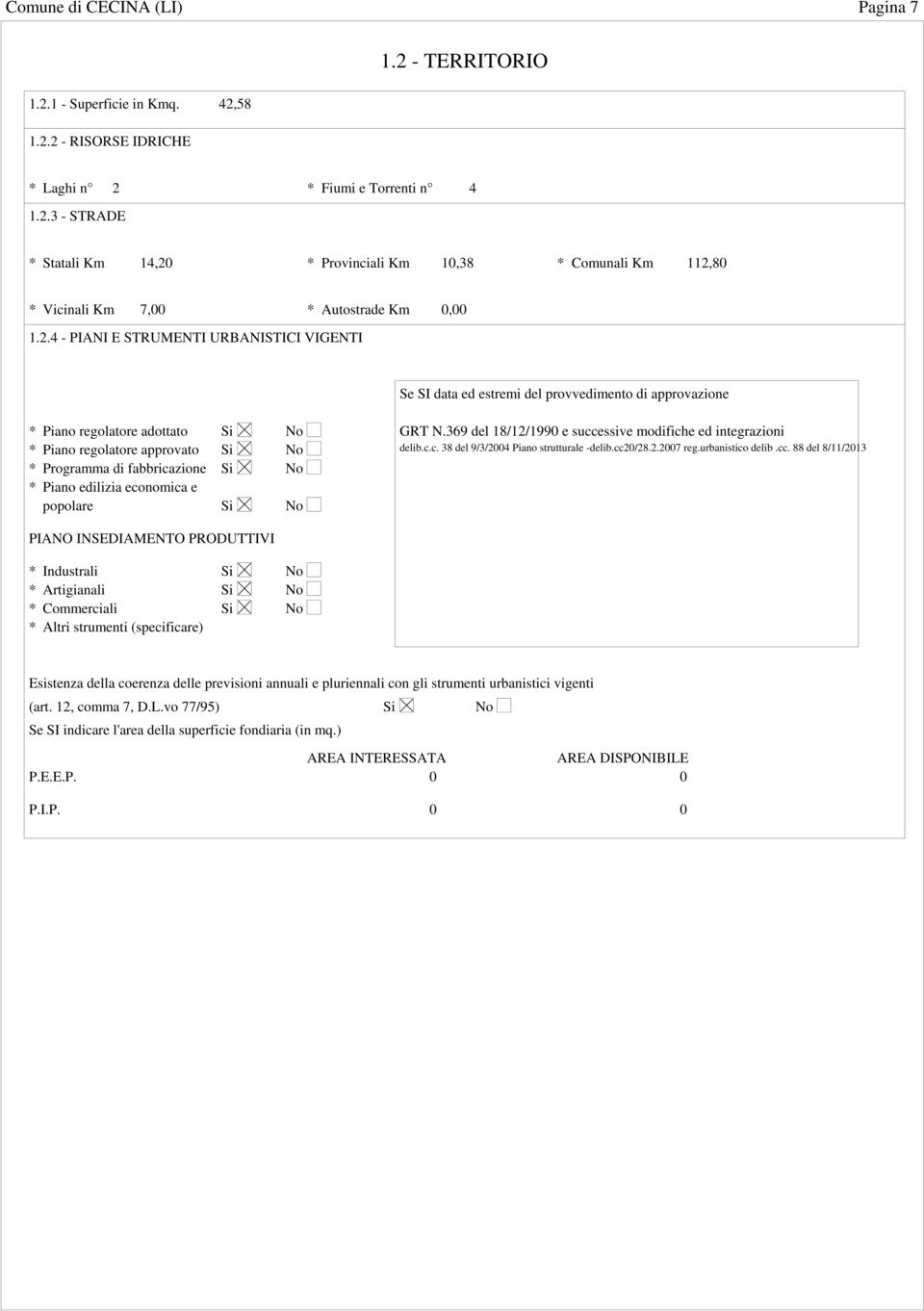 edilizia economica e popolare Si Si Si Si No No No No GRT N.369 del 18/12/1990 e successive modifiche ed integrazioni delib.c.c. 38 del 9/3/2004 Piano strutturale -delib.cc20/28.2.2007 reg.