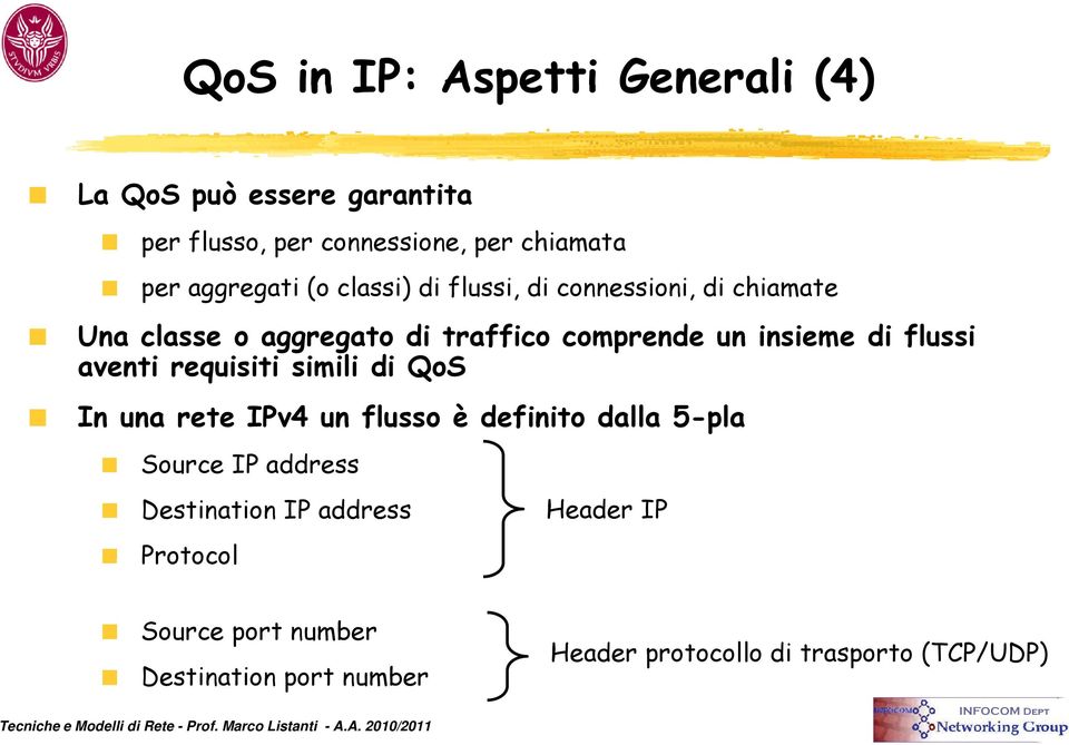 insieme di flussi aventi requisiti simili di QoS In una rete IPv4 un flusso è definito dalla 5-pla Source IP