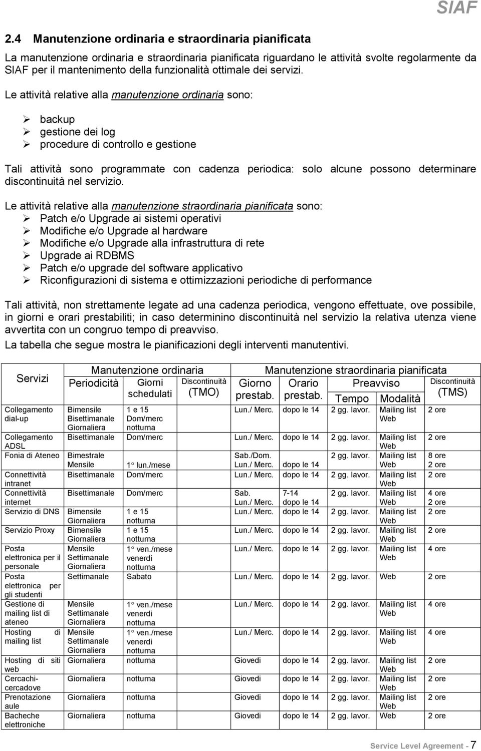 Le attività relative alla manutenzione ordinaria sono: backup gestione dei log procedure di controllo e gestione Tali attività sono programmate con cadenza periodica: solo alcune possono determinare