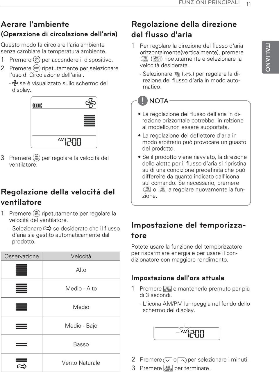 Regolazione della velocità del ventilatore 1 Premere g ripetutamente per regolare la velocità del ventilatore.