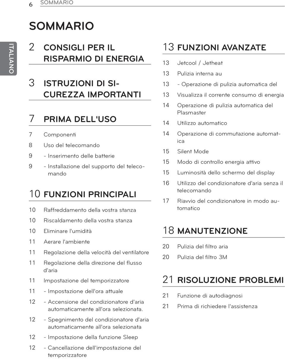 velocità del ventilatore 11 Regolazione della direzione del flusso d'aria 11 Impostazione del temporizzatore 11 - Impostazione dell'ora attuale 12 - Accensione del condizionatore d'aria