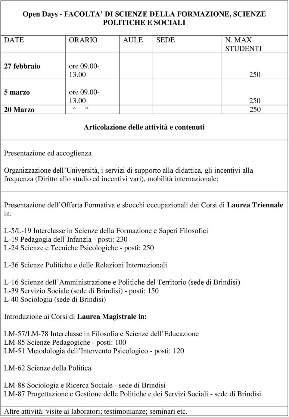 00 20 Marzo Presentazione dell Offerta Formativa e sbocchi occupazionali dei Corsi di Laurea Triennale in: L-5/L-19 Interclasse in Scienze della Formazione e Saperi Filosofici L-19 Pedagogia dell