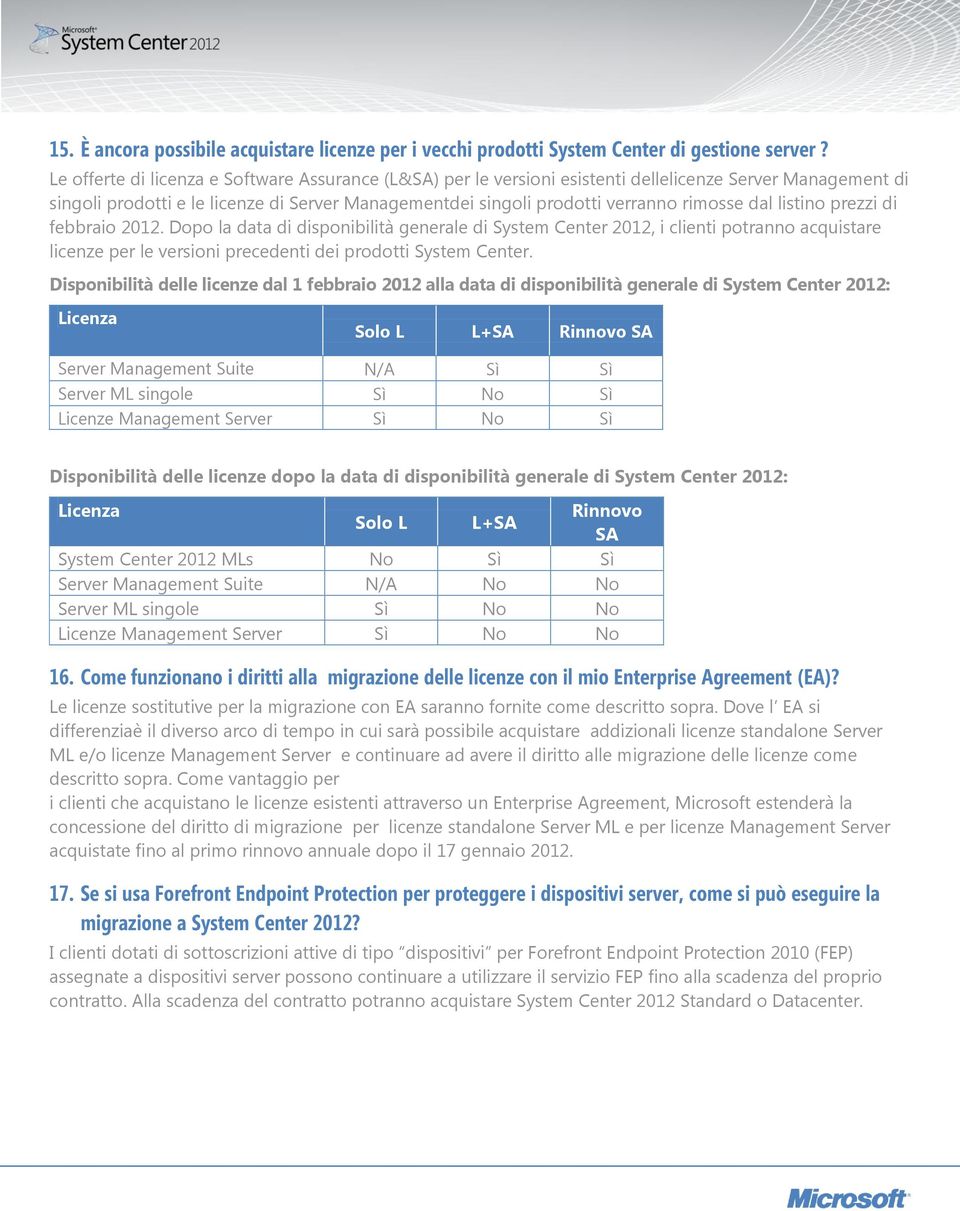 dal listino prezzi di febbraio 2012. Dopo la data di disponibilità generale di System Center 2012, i clienti potranno acquistare licenze per le versioni precedenti dei prodotti System Center.