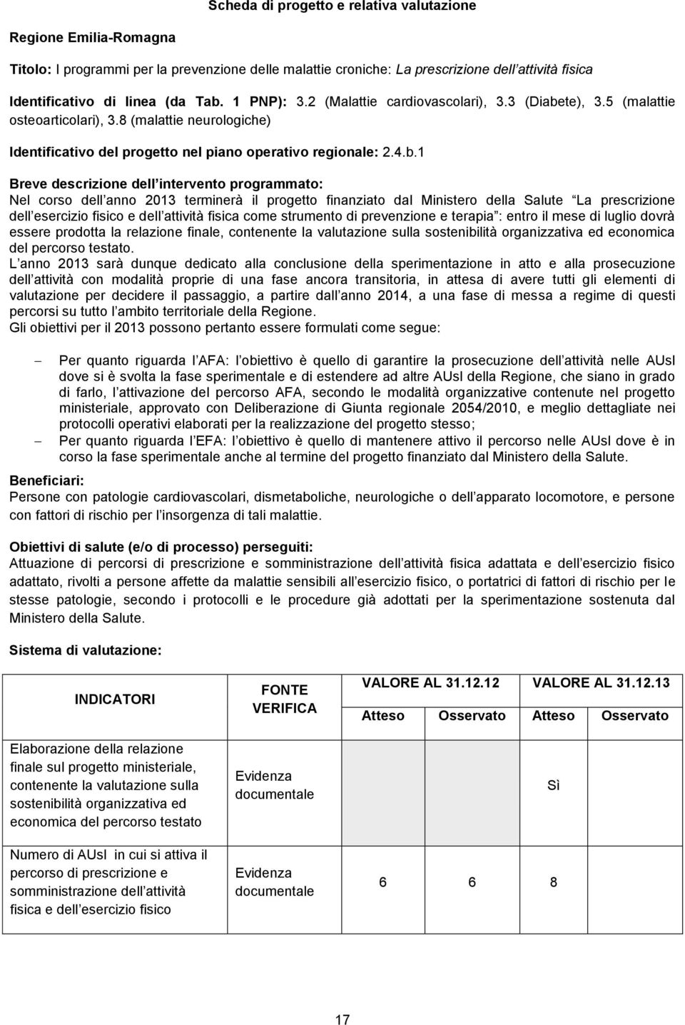 te), 3.5 (malattie osteoarticolari), 3.8 (malattie neurologiche) Identificativo del progetto nel piano operativo regionale: 2.4.b.